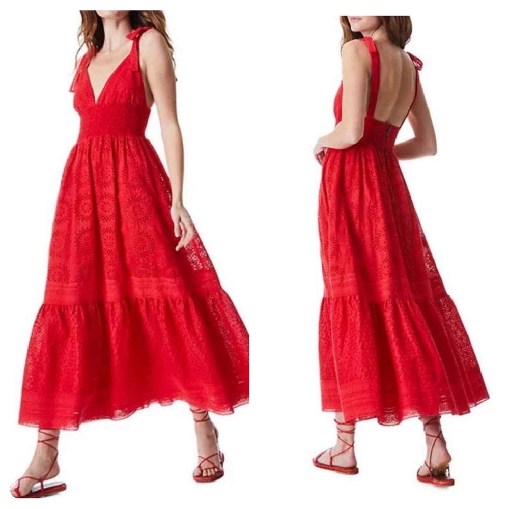 Alice + Olivia Vibrant Boho Red Levine eyelet Midi Dress size 6